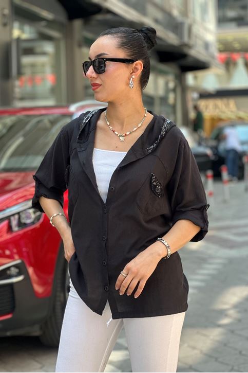 Kapşonu Ve Cep Pulpayet Detay Keten Gömlek-Siyah