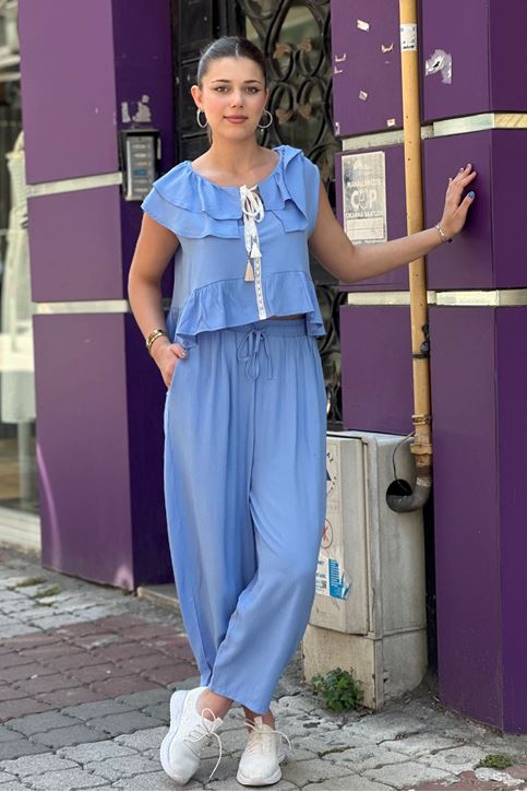 Bluz Volan Dantel Detaylı Keten İkili Takım-Bebemavi