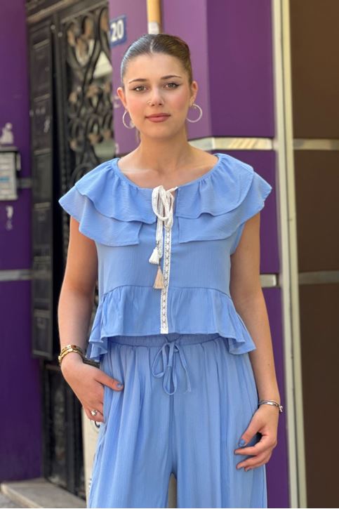 Bluz Volan Dantel Detaylı Keten İkili Takım-Bebemavi