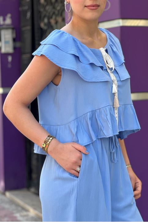 Bluz Volan Dantel Detaylı Keten İkili Takım-Bebemavi