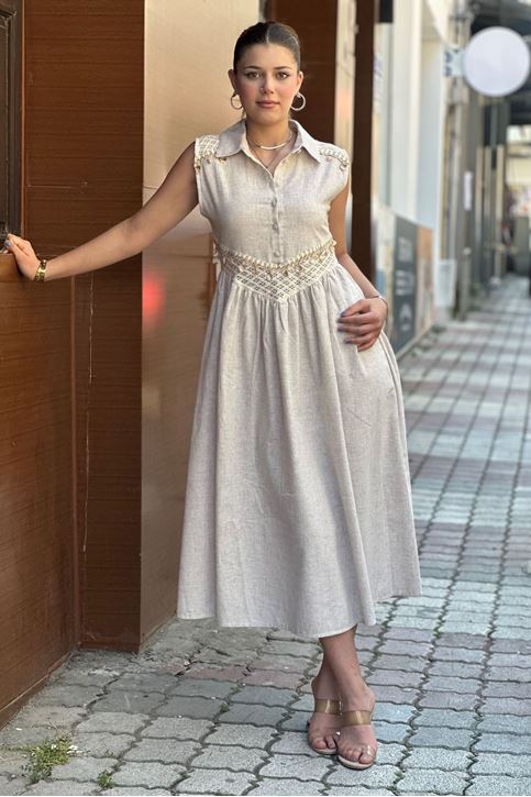 Omuz Ve Bel Güpür Dantel Detaylı Midi Boy Elbise-Krem