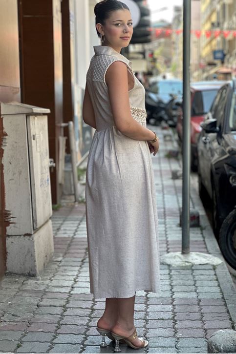 Omuz Ve Bel Güpür Dantel Detaylı Midi Boy Elbise-Krem