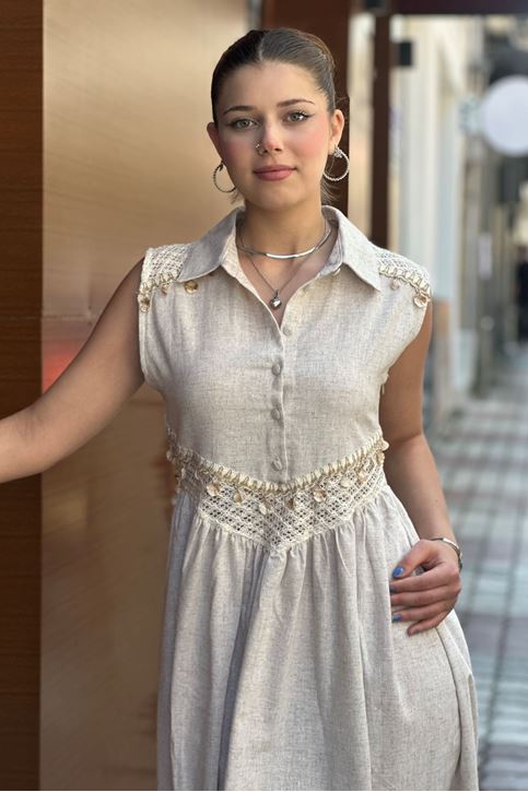 Omuz Ve Bel Güpür Dantel Detaylı Midi Boy Elbise-Krem