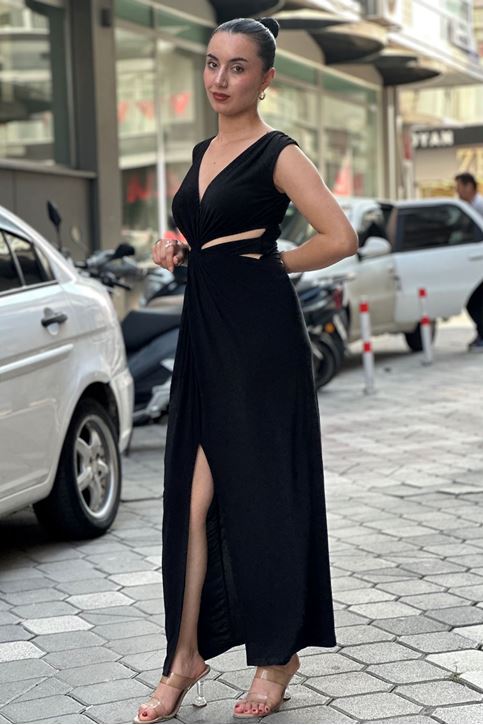 Ön Dekolte Bel Pencereli Midi Boy Elbise-Siyah