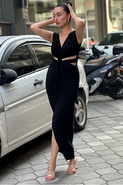 Ön Dekolte Bel Pencereli Midi Boy Elbise-Siyah