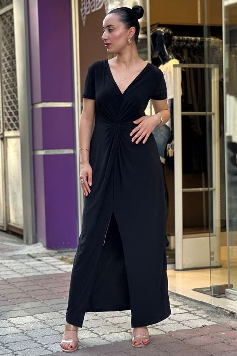 Ön Derin V Yaka Yırtmaçlı Midi Boy Elbise-Siyah