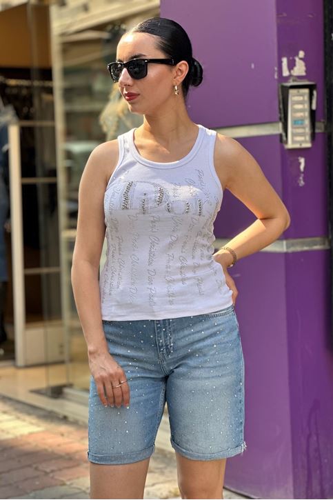 Spor Kol Ön Yazı Taş Detay Atlet-Beyaz