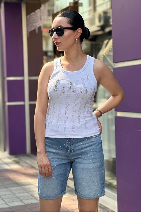 Spor Kol Ön Yazı Taş Detay Atlet-Beyaz