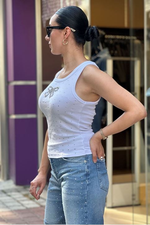 Spor Kol Ön Fiyonk Taş Detay Atlet-Beyaz