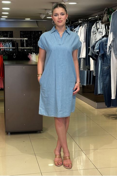 Omuz Pile Detay Gömlek Yaka Cepli Elbise-Mavi