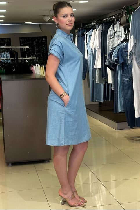 Omuz Pile Detay Gömlek Yaka Cepli Elbise-Mavi