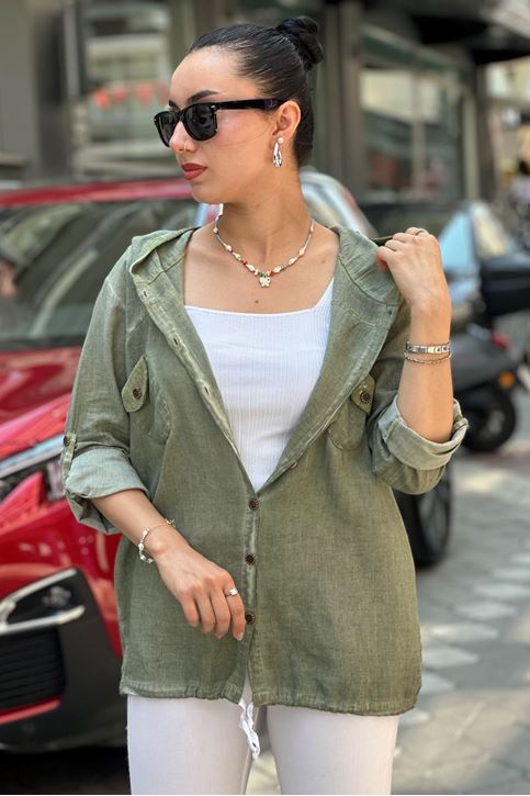 Kapşonu Ve Cep Pulpayet Detay Keten Gömlek-Haki