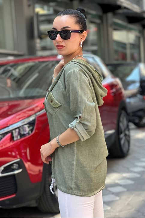 Kapşonu Ve Cep Pulpayet Detay Keten Gömlek-Haki