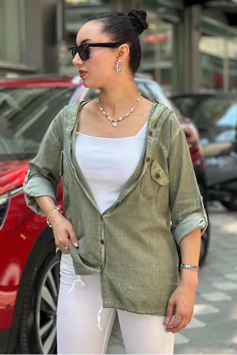 Kapşonu Ve Cep Pulpayet Detay Keten Gömlek-Haki