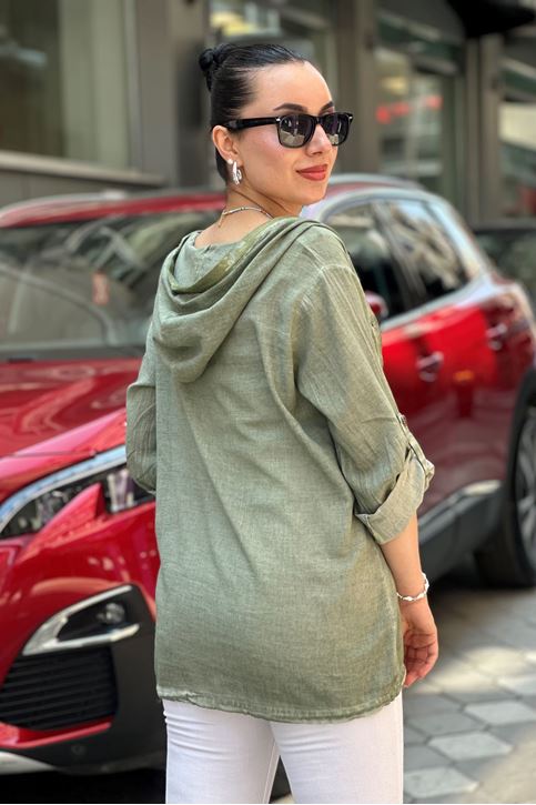 Kapşonu Ve Cep Pulpayet Detay Keten Gömlek-Haki