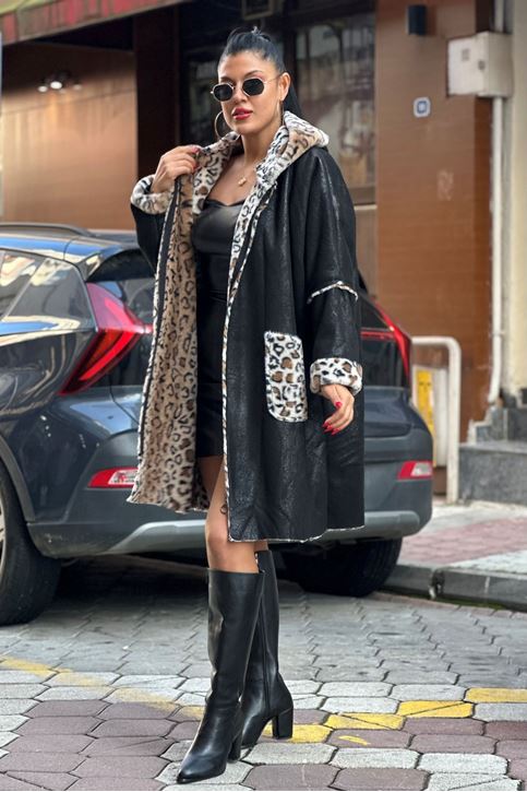 İçi Leopar Desen İthal Kürk Uzun Kaban-Siyah