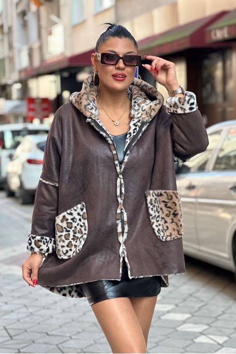 içi Tamemen Leopar Desen Kürk Kısa Kaban-Kahve