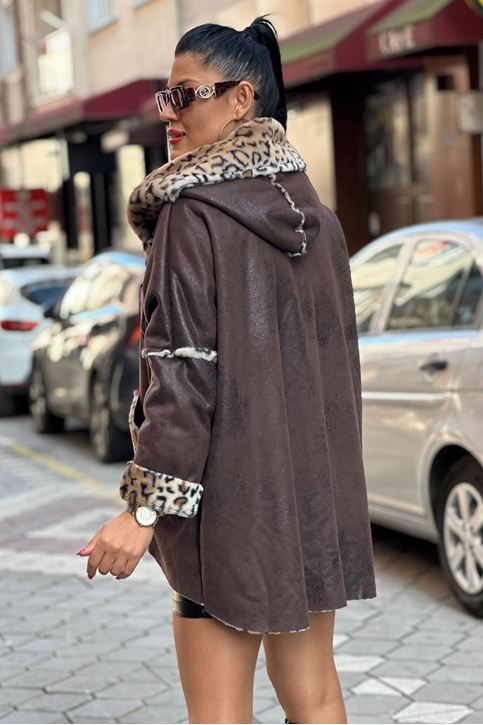 içi Tamemen Leopar Desen Kürk Kısa Kaban-Kahve