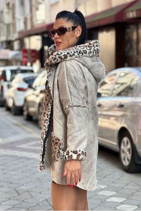 içi Tamemen Leopar Desen Kürk Kısa Kaban-Krem