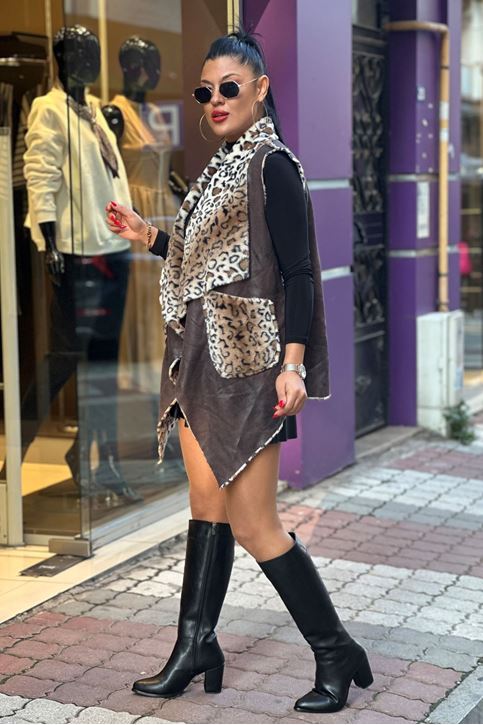 Nubuk Doku İthal İçi Kürklü Salaş Yelek-Kahve