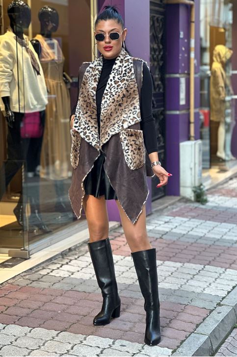 Nubuk Doku İthal İçi Kürklü Salaş Yelek-Kahve