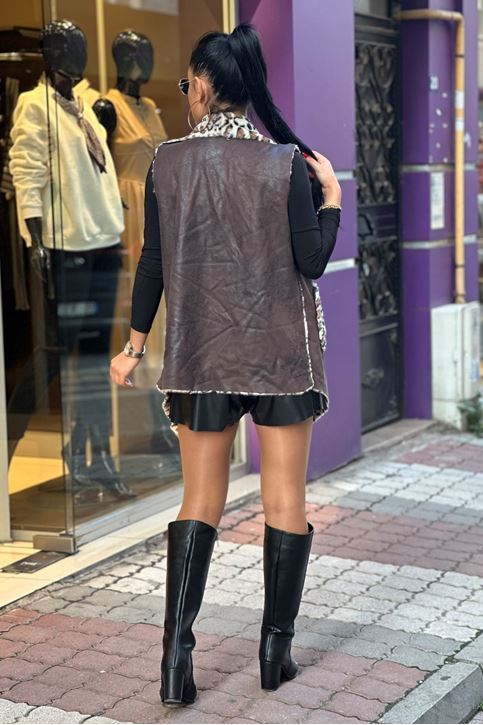 Nubuk Doku İthal İçi Kürklü Salaş Yelek-Kahve