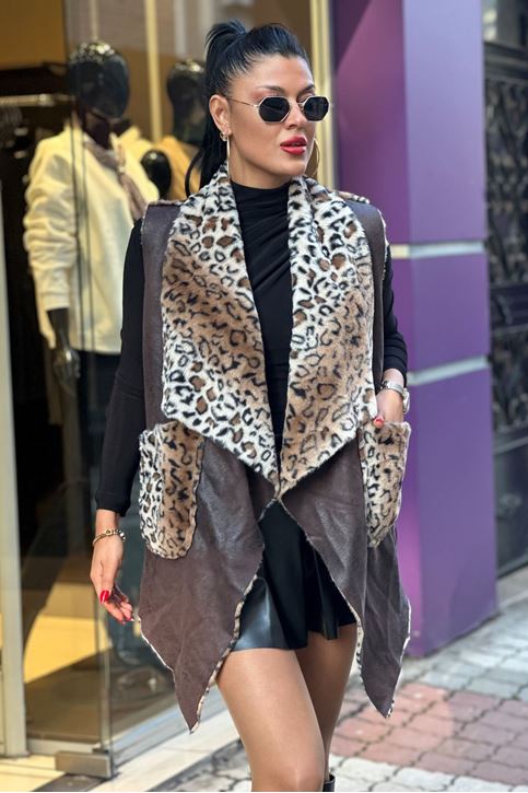 Nubuk Doku İthal İçi Kürklü Salaş Yelek-Kahve