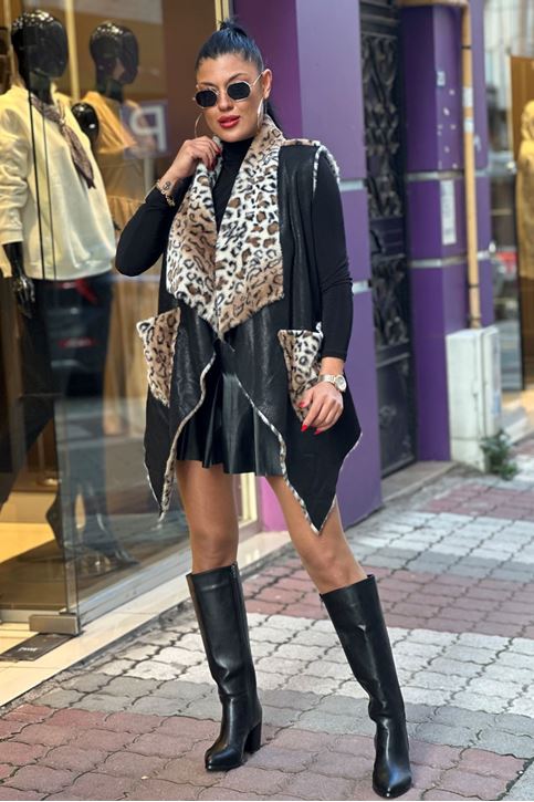 içi Tamemen Leopar Desen Kürk Kısa Kaban-Siyah