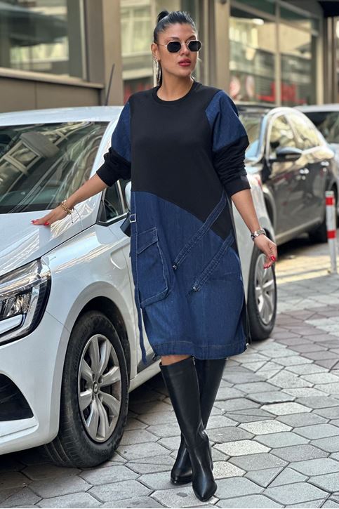 Eteği Büzgülü Kot Detay Sweat Elbise-Siyah