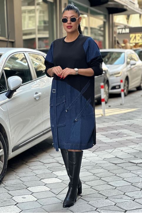 Eteği Büzgülü Kot Detay Sweat Elbise-Siyah