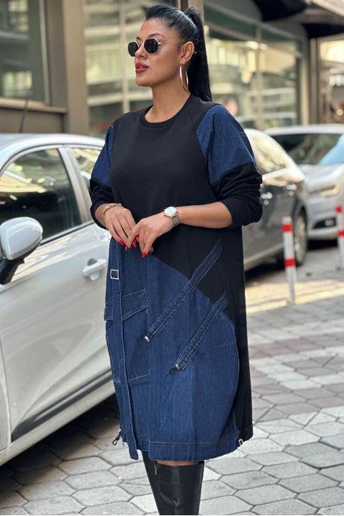 Eteği Büzgülü Kot Detay Sweat Elbise-Siyah