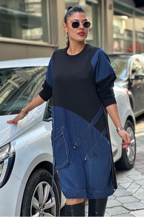 Eteği Büzgülü Kot Detay Sweat Elbise-Siyah