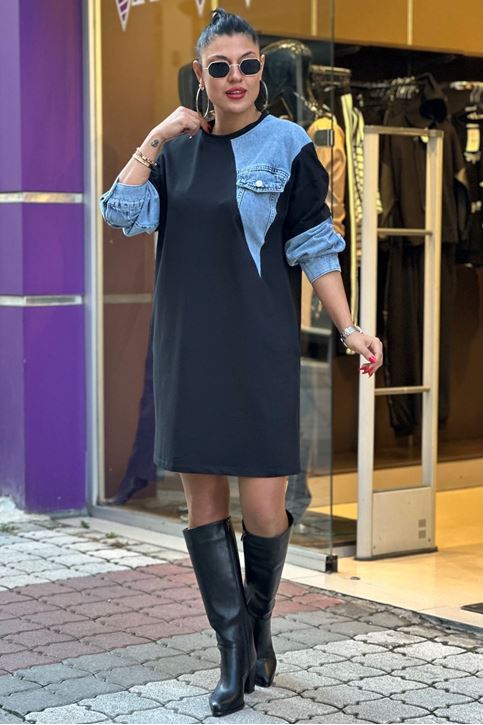 Yaka Ve Kolları Kot Detay Sweatshirt Elbise-Siyah