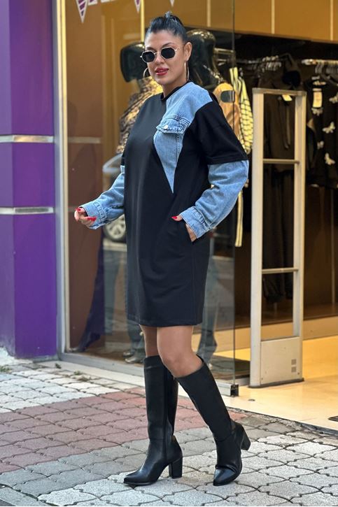 Yaka Ve Kolları Kot Detay Sweatshirt Elbise-Siyah