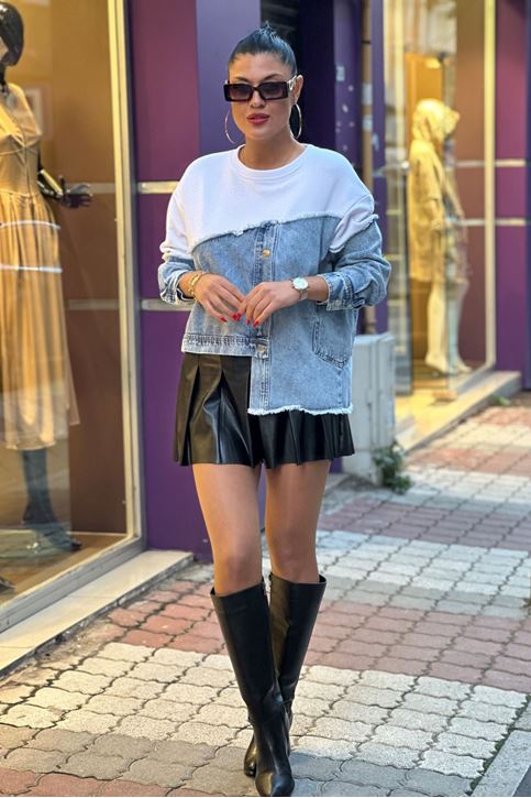 Kot Detay Salaş Sweatshirt-Beyaz