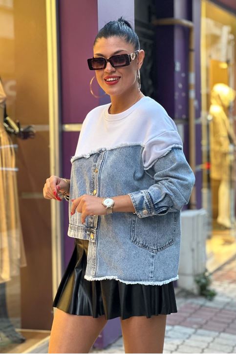 Kot Detay Salaş Sweatshirt-Beyaz