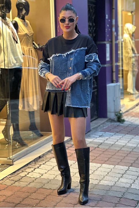 Kot Detay Salaş Sweatshirt-Siyah