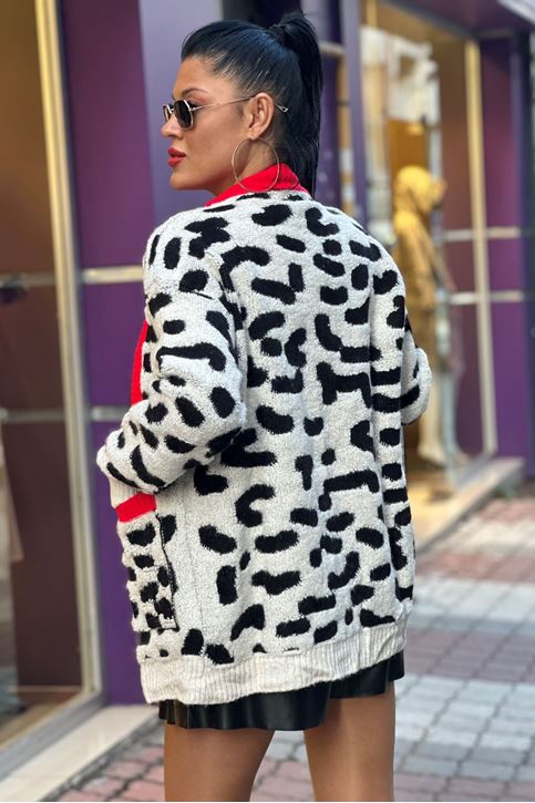 Dalmaç Desenli Deri Fermuar Detay Hırka-Krem