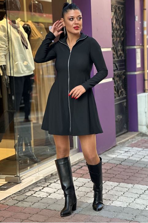 Dik Yaka Ön Fermuar Detay Elbise-Siyah