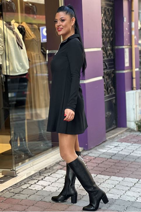 Dik Yaka Ön Fermuar Detay Elbise-Siyah