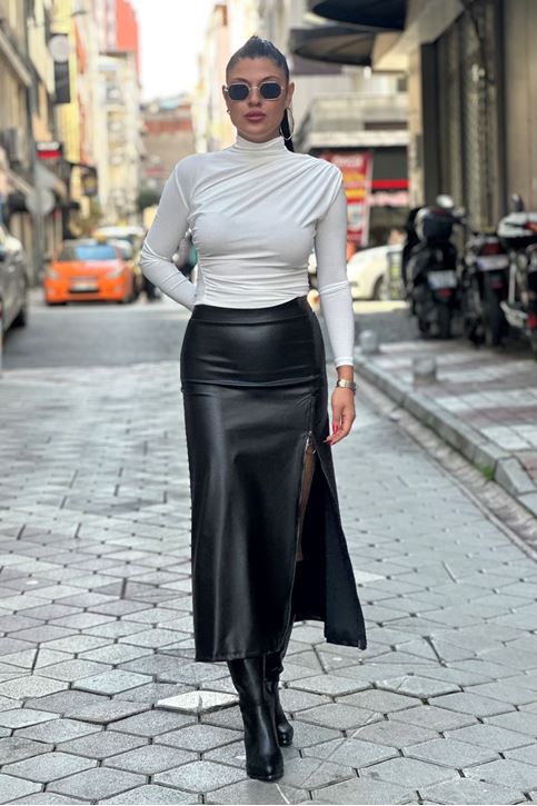 Bel Lastikli Fermuar Detaylı Uzun Deri Etek-Siyah