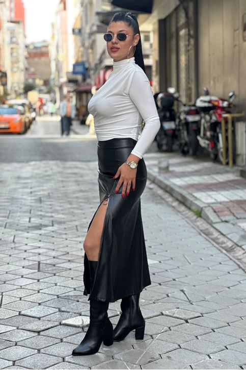 Bel Lastikli Fermuar Detaylı Uzun Deri Etek-Siyah