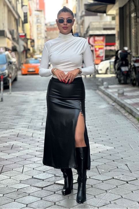 Bel Lastikli Fermuar Detaylı Uzun Deri Etek-Siyah