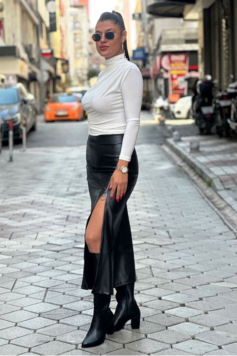 Bel Lastikli Fermuar Detaylı Uzun Deri Etek-Siyah