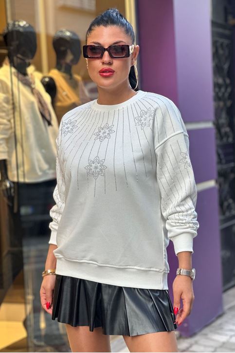 Kol Göğüs Taş Detay Sweat-Beyaz