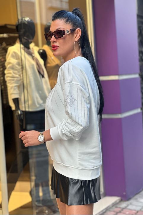 Kol Göğüs Taş Detay Sweat-Beyaz