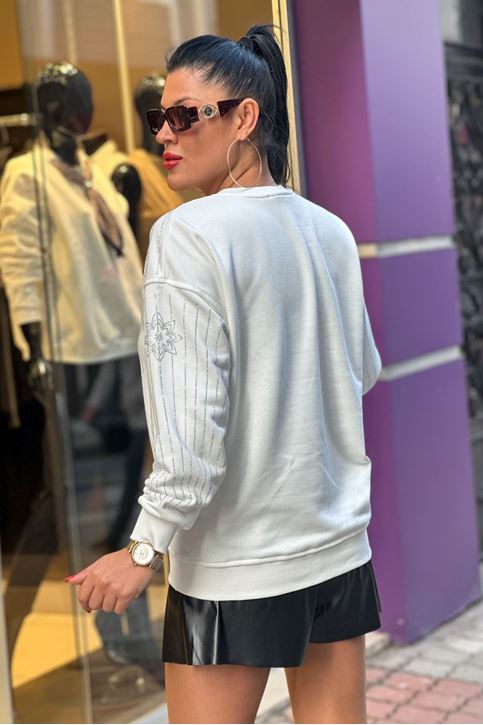 Kol Göğüs Taş Detay Sweat-Beyaz