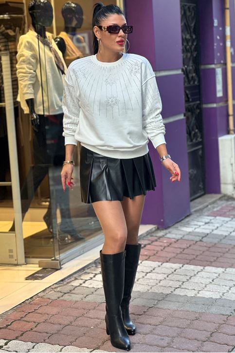 Kol Göğüs Taş Detay Sweat-Beyaz