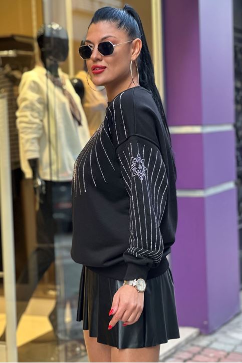 Kol Göğüs Taş Detay Sweat-Siyah