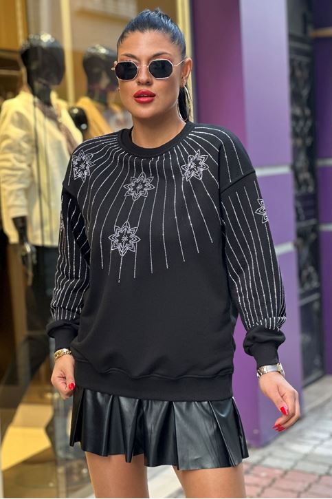 Kol Göğüs Taş Detay Sweat-Siyah